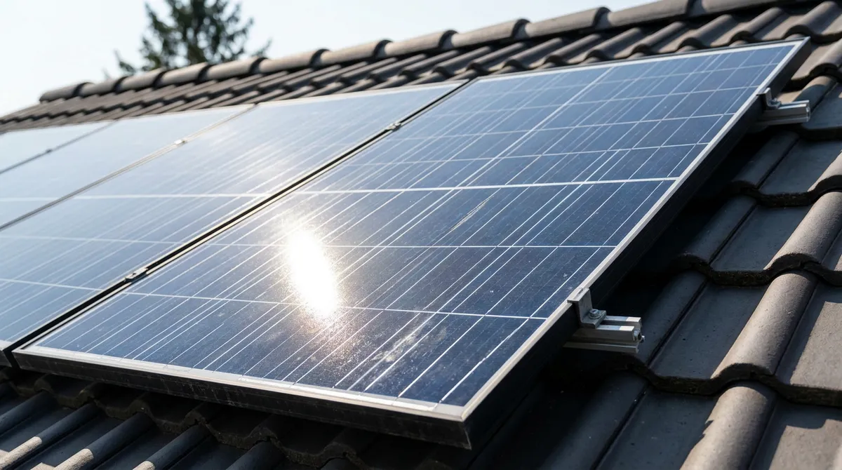 Rail aluminium et panneau solaire vus de près, posés au-dessus de tuiles anciennes dans la région de Castres